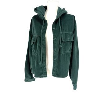 American Eagle Green Corduroy Hooded Zip Up Jacket Utility Shacket Women Size L